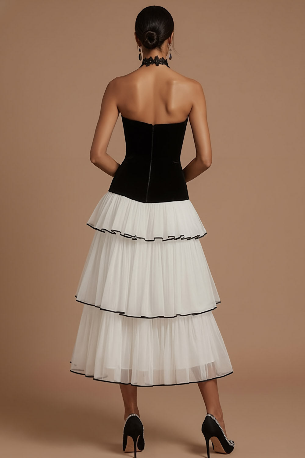 Black A Line Ruffled Tiered Sweetheart Long Formal Dress