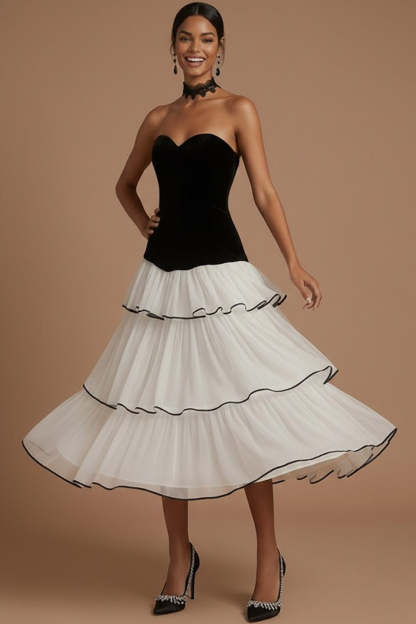 Black A Line Ruffled Tiered Sweetheart Long Formal Dress