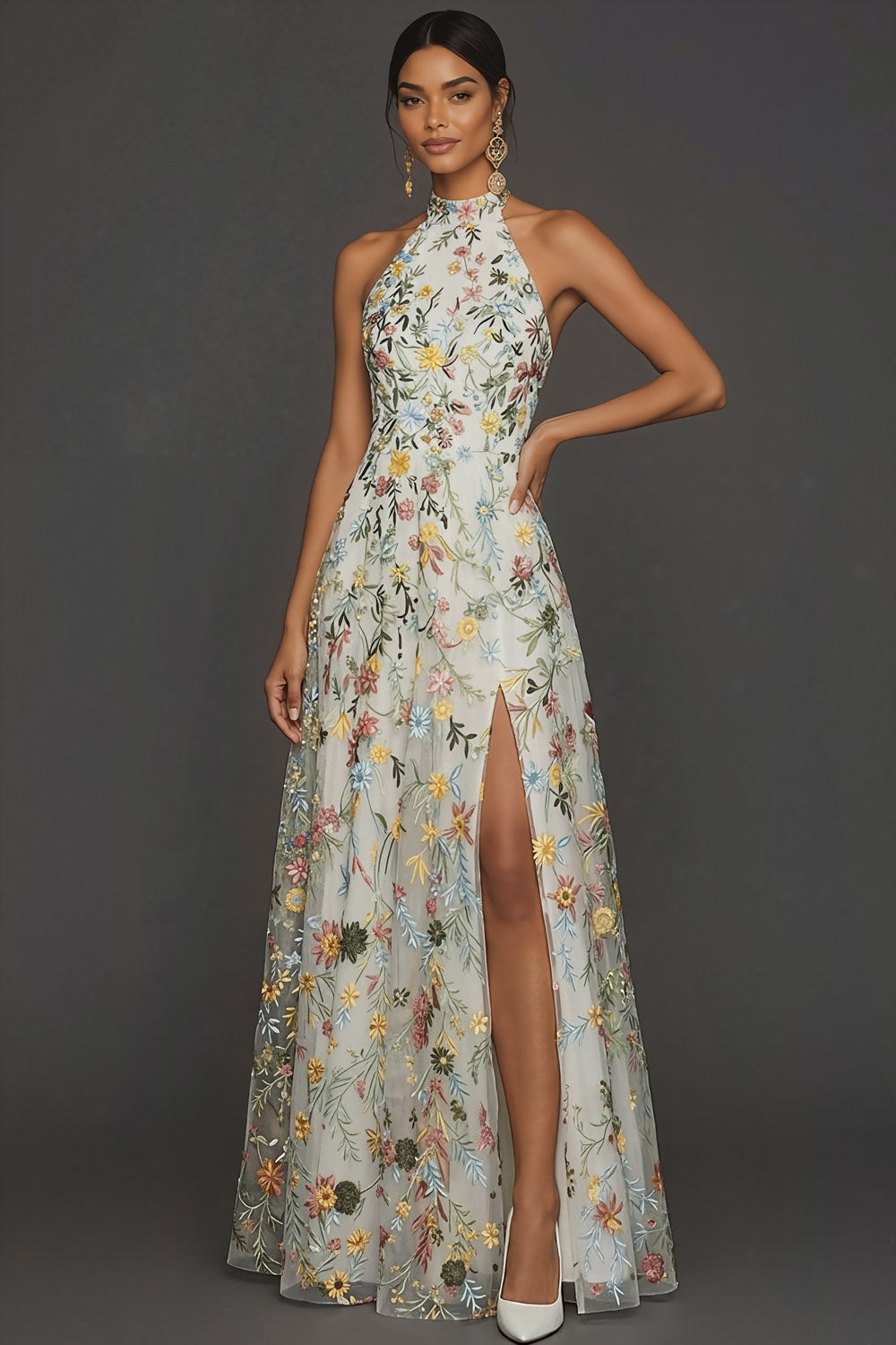 White Floral A Line Embroidered High Neck Long Formal Dress with Slit