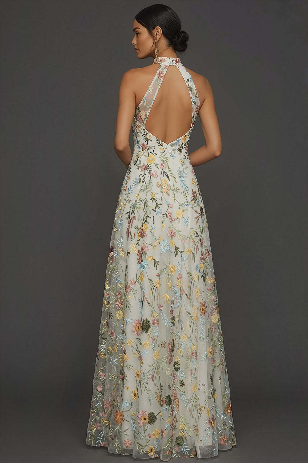 White Floral A Line Embroidered High Neck Long Formal Dress with Slit