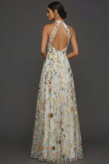 White Floral A Line Embroidered High Neck Long Formal Dress with Slit