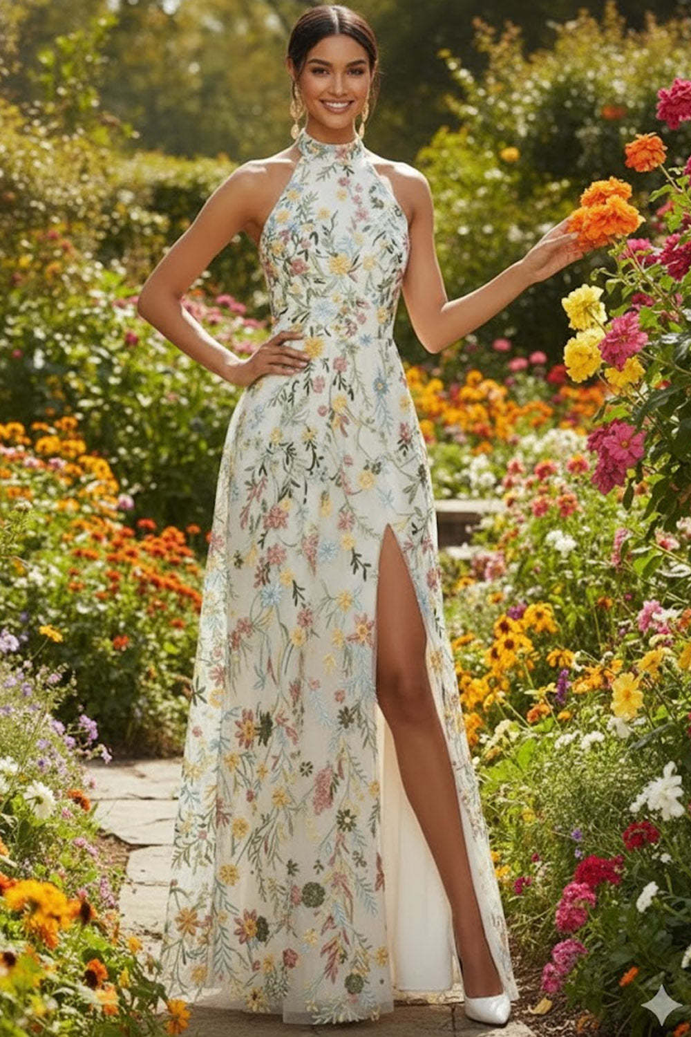 White Floral A Line Embroidered High Neck Long Formal Dress with Slit