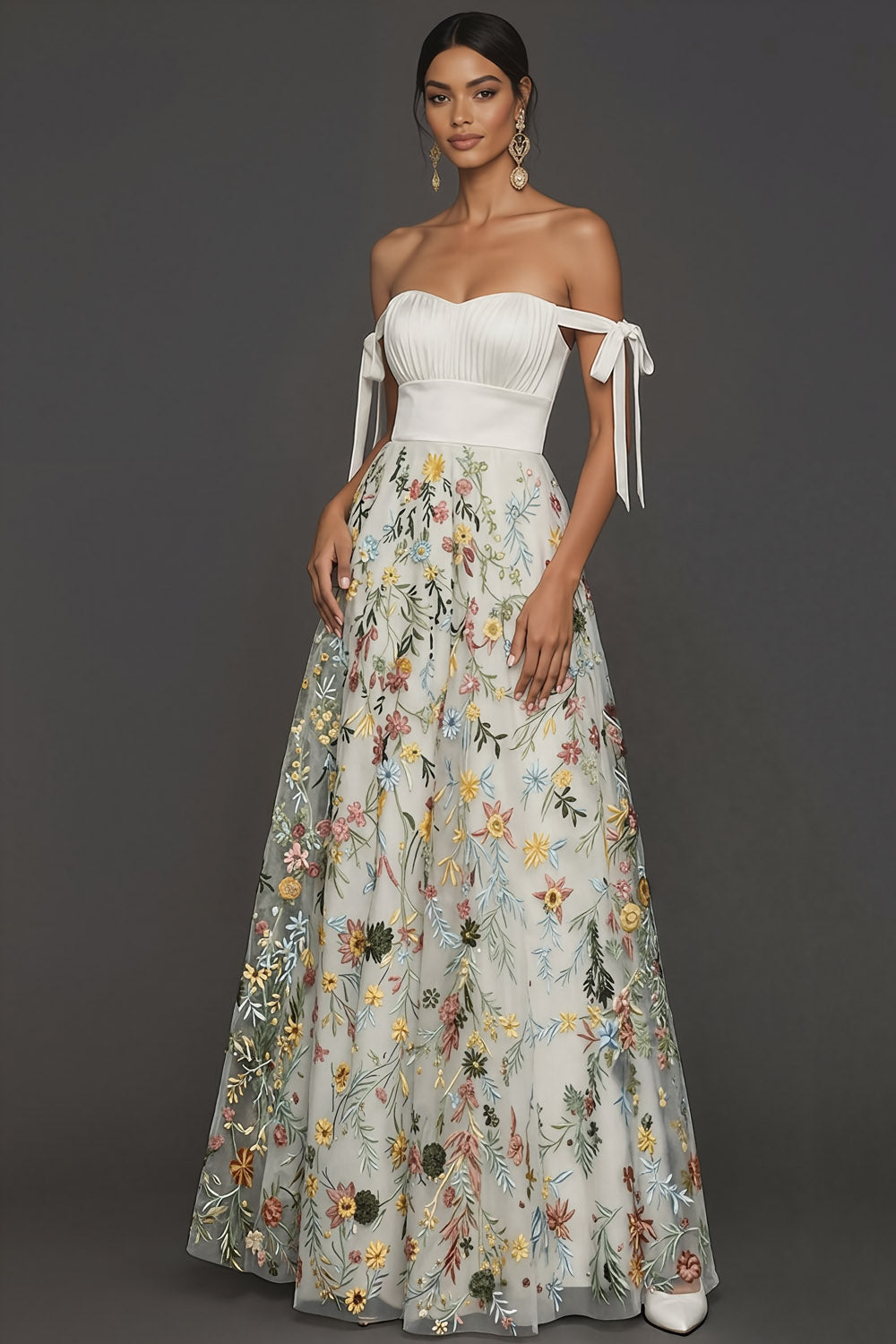 White Floral A Line Off the Shoulder Embroidered Long Formal Dress