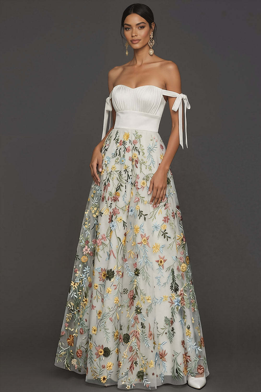 Leely Women White Floral A Line Embroidered Long Formal Dress Off the Shoulder Backless Sleeveless Evening Dress