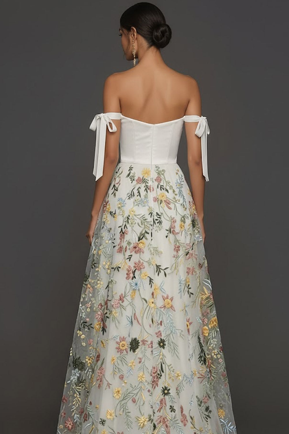 White Floral A Line Off the Shoulder Embroidered Long Formal Dress