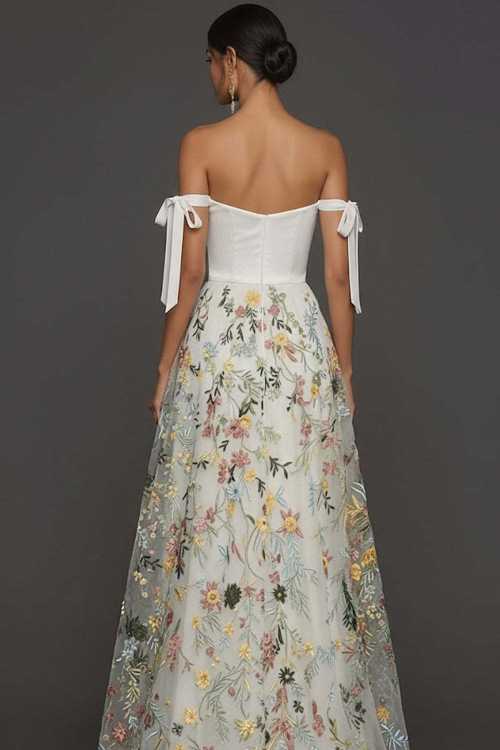 White Floral A Line Off the Shoulder Embroidered Long Formal Dress
