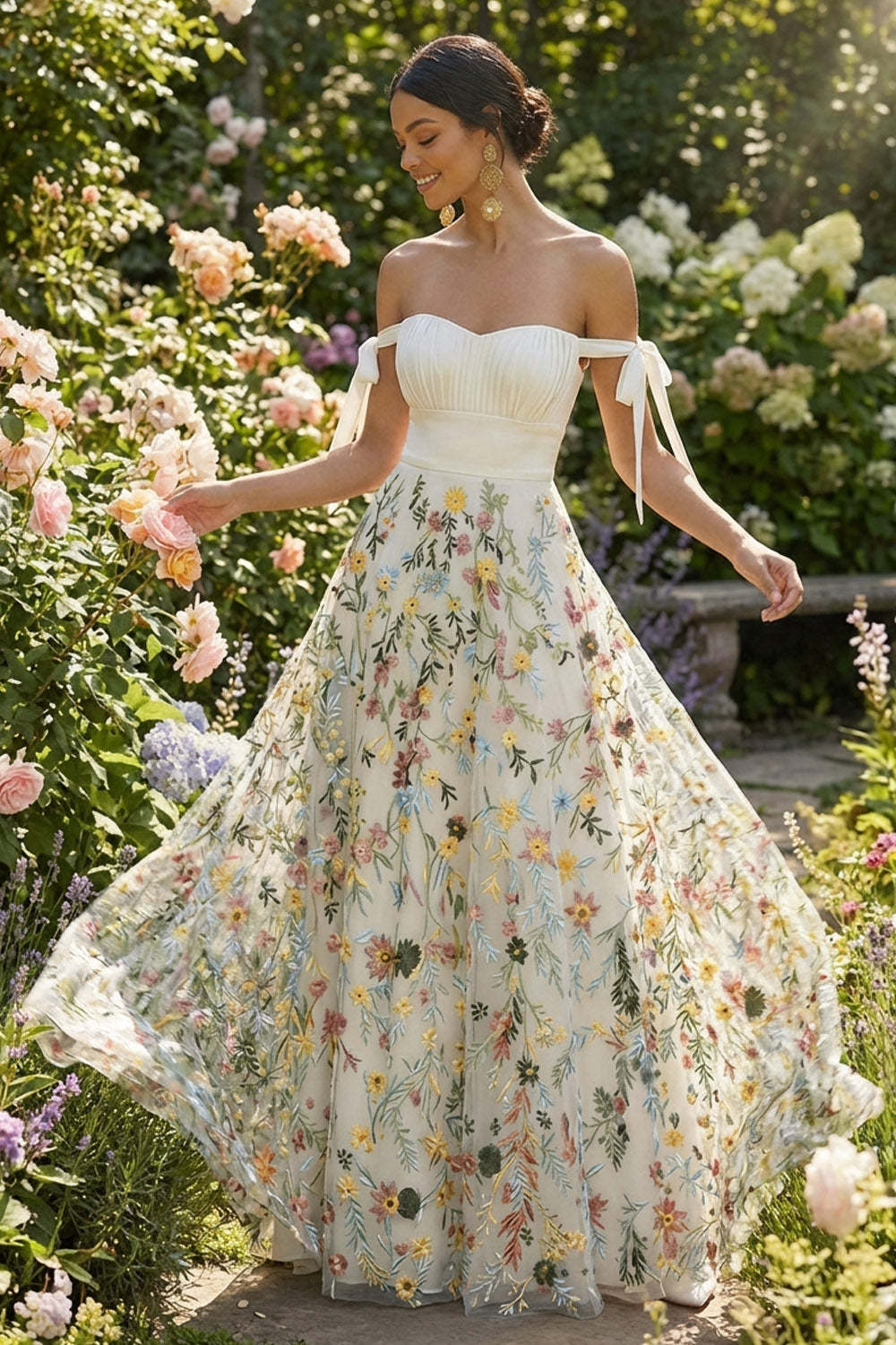 White Floral A Line Off the Shoulder Embroidered Long Formal Dress