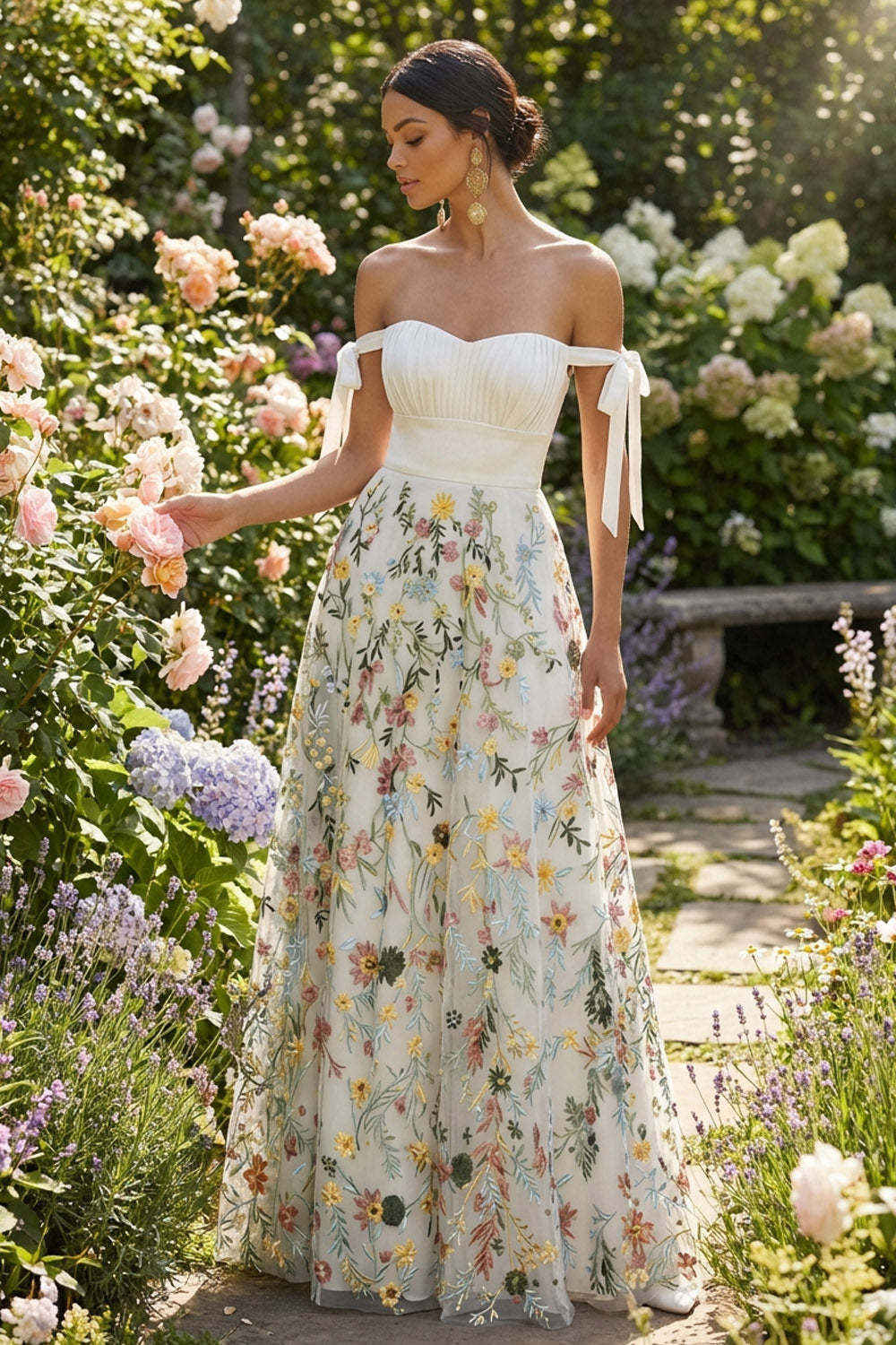 White Floral A Line Off the Shoulder Embroidered Long Formal Dress