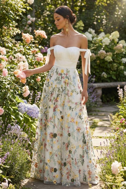 White Floral A Line Off the Shoulder Embroidered Long Formal Dress