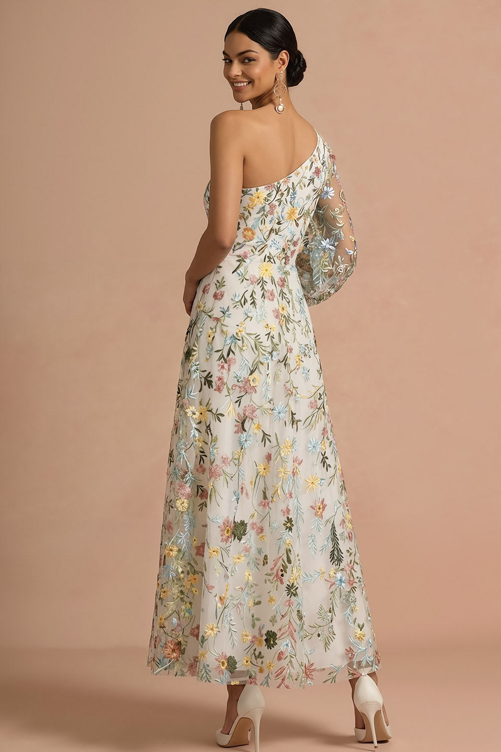 White Floral A Line One Shoulder Embroidered Long Formal Dress