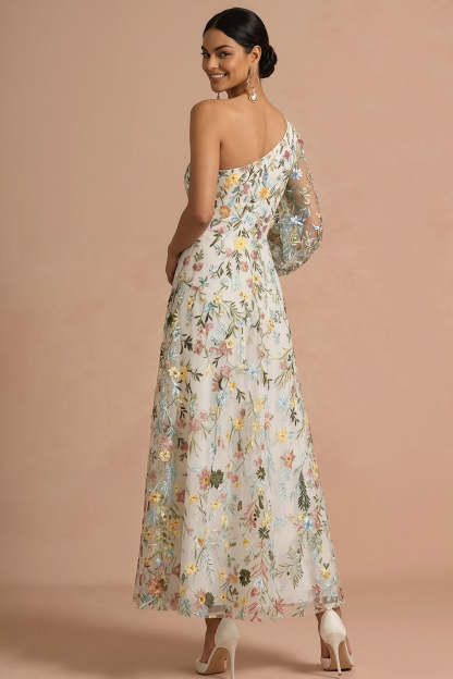 White Floral A Line One Shoulder Embroidered Long Formal Dress
