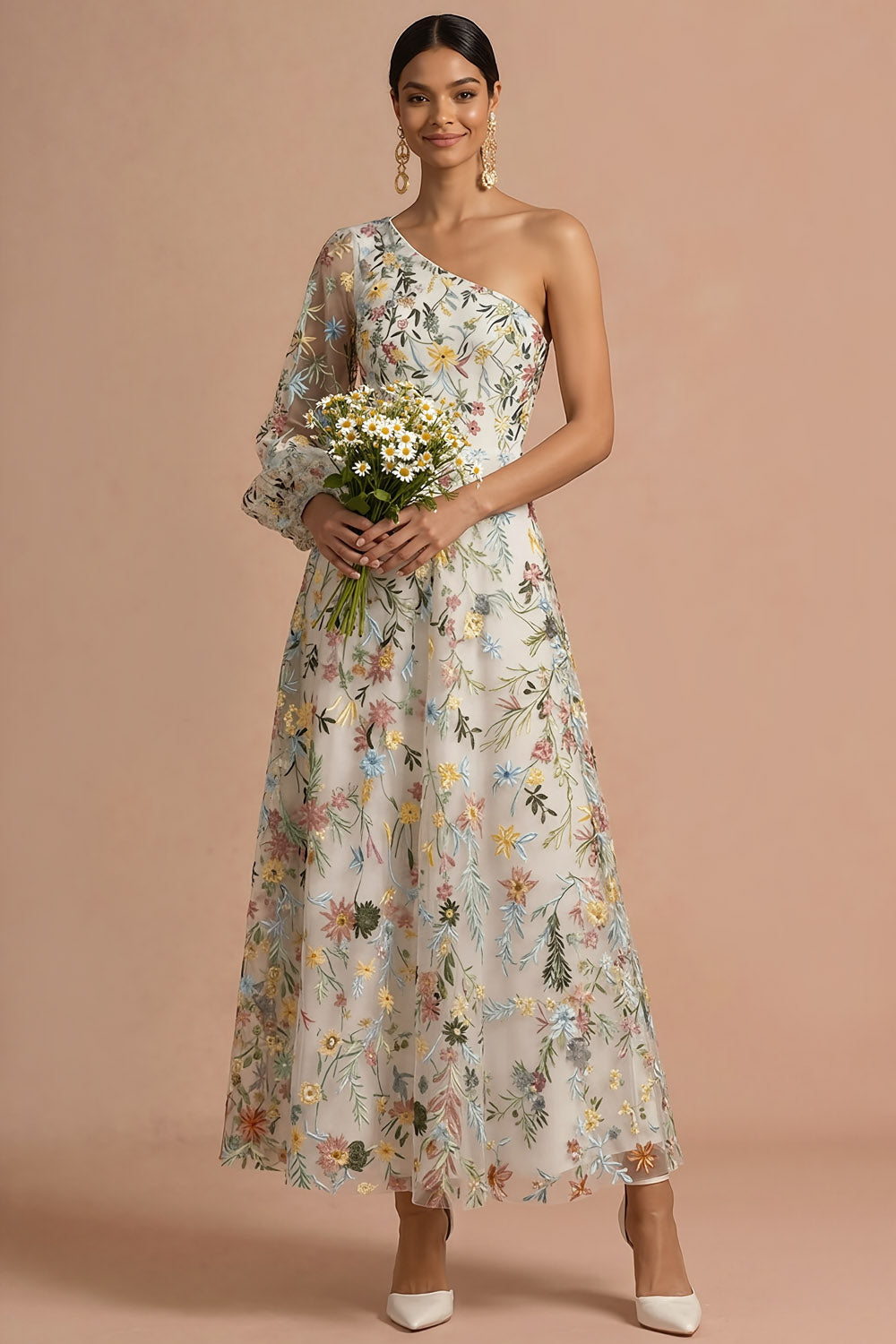 White Floral A Line One Shoulder Embroidered Long Formal Dress