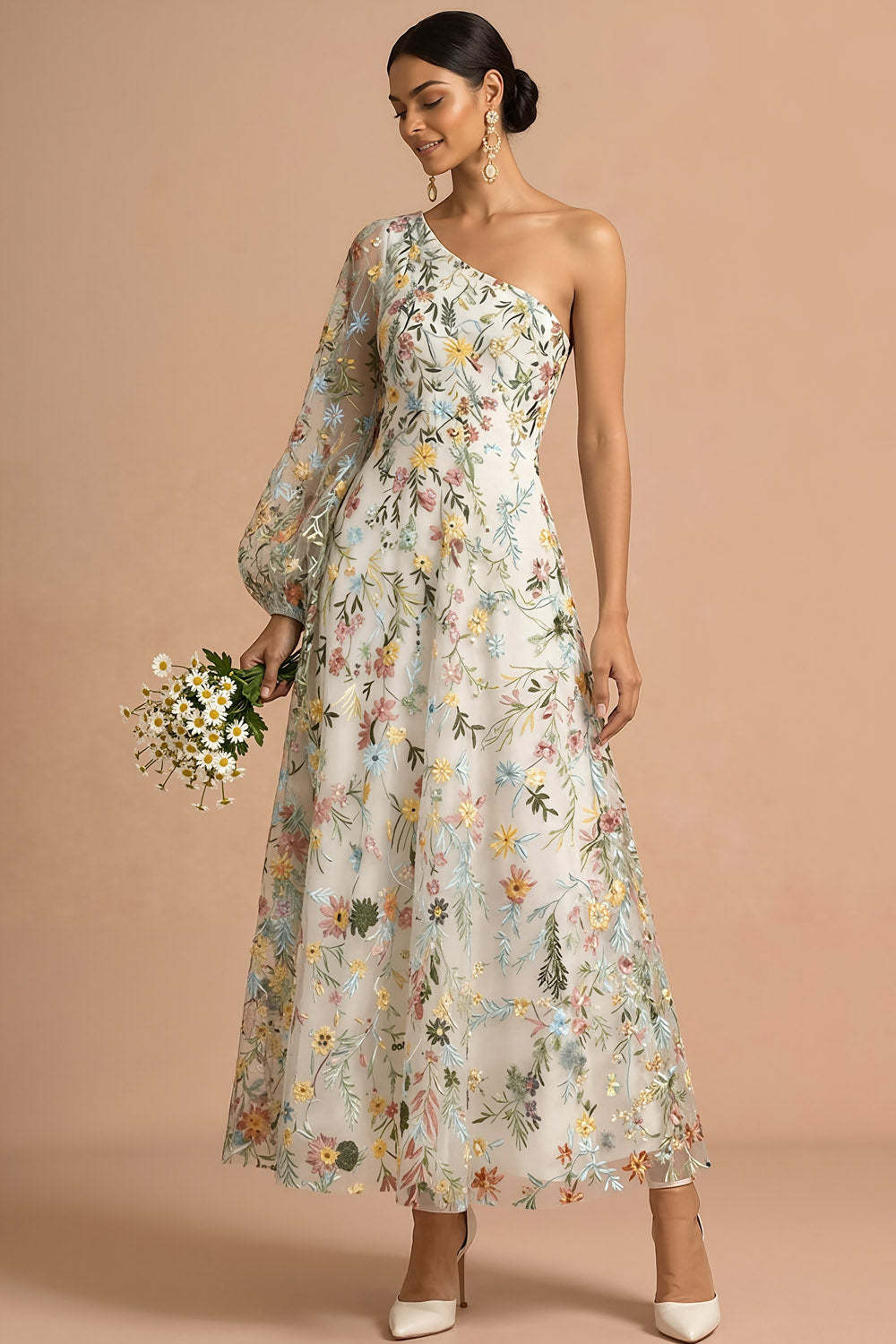 White Floral A Line One Shoulder Embroidered Long Formal Dress