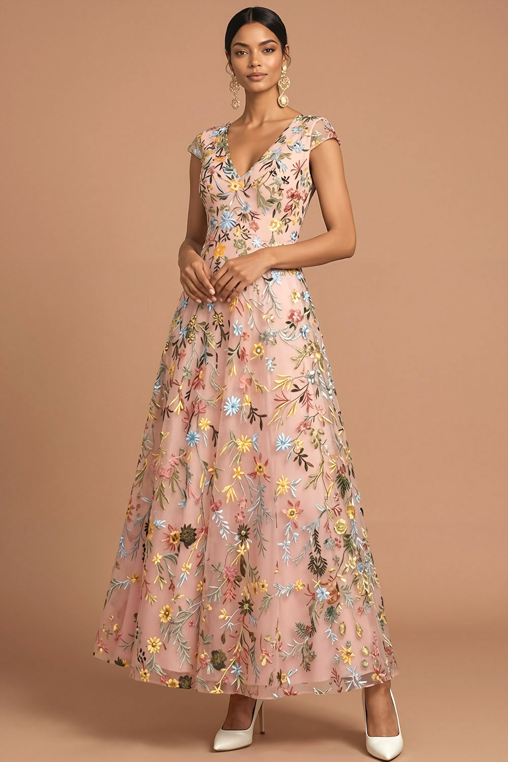 Pink A Line V Neck Floral Embroidered Long Formal Dress