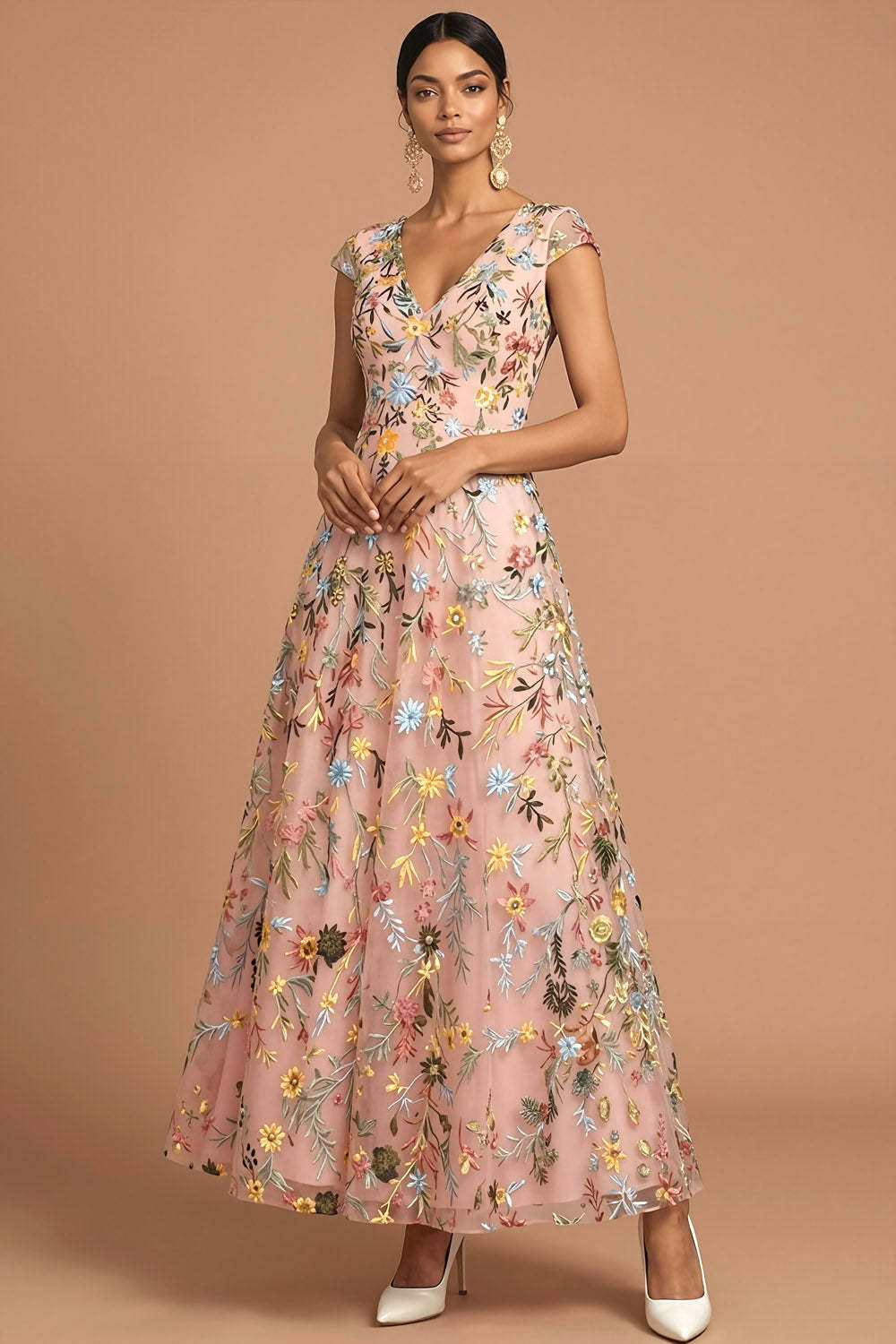 Leely Women Floral Pink A Line Long Formal Dress Embroidered V Neck Sleeveless Evening Dress