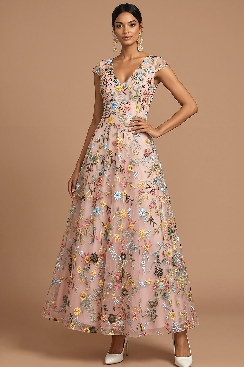 Pink A Line V Neck Floral Embroidered Long Formal Dress