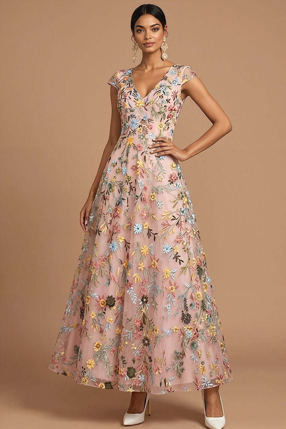Pink A Line V Neck Floral Embroidered Long Formal Dress