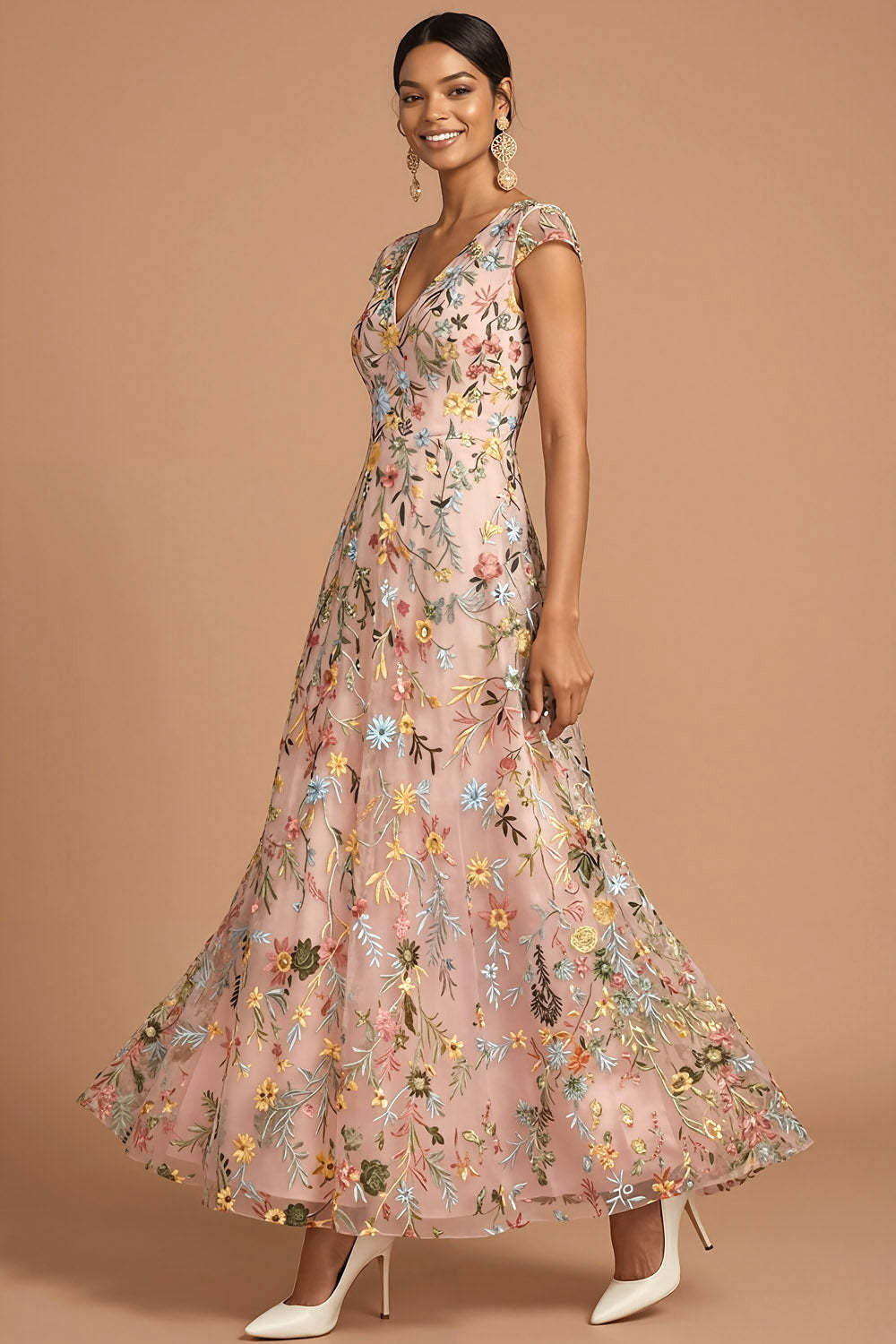 Pink A Line V Neck Floral Embroidered Long Formal Dress