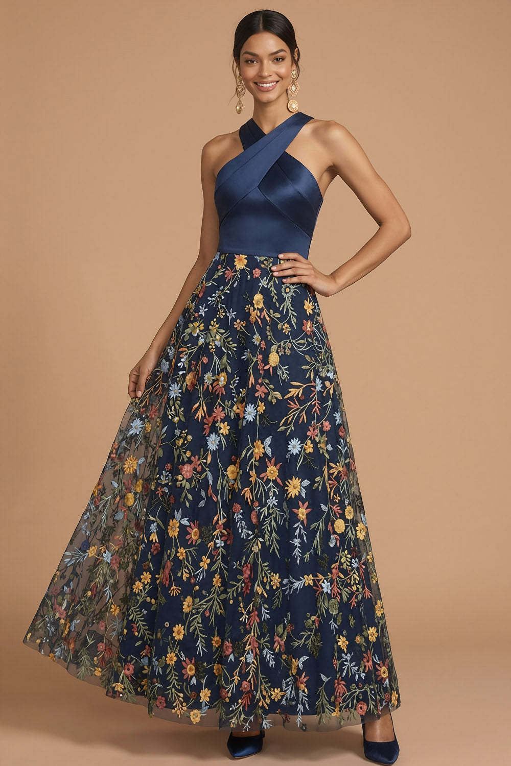 Leely Women Navy Floral A Line Hater Neck Long Formal Dress Embroidered Sleeveless Backless Wedding Guest Dress