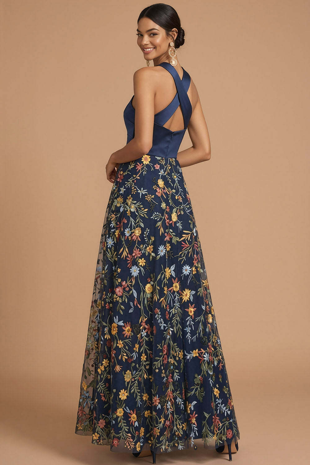 Navy Floral A Line Hater Neck Embroidered Sleeveless Long Formal Dress