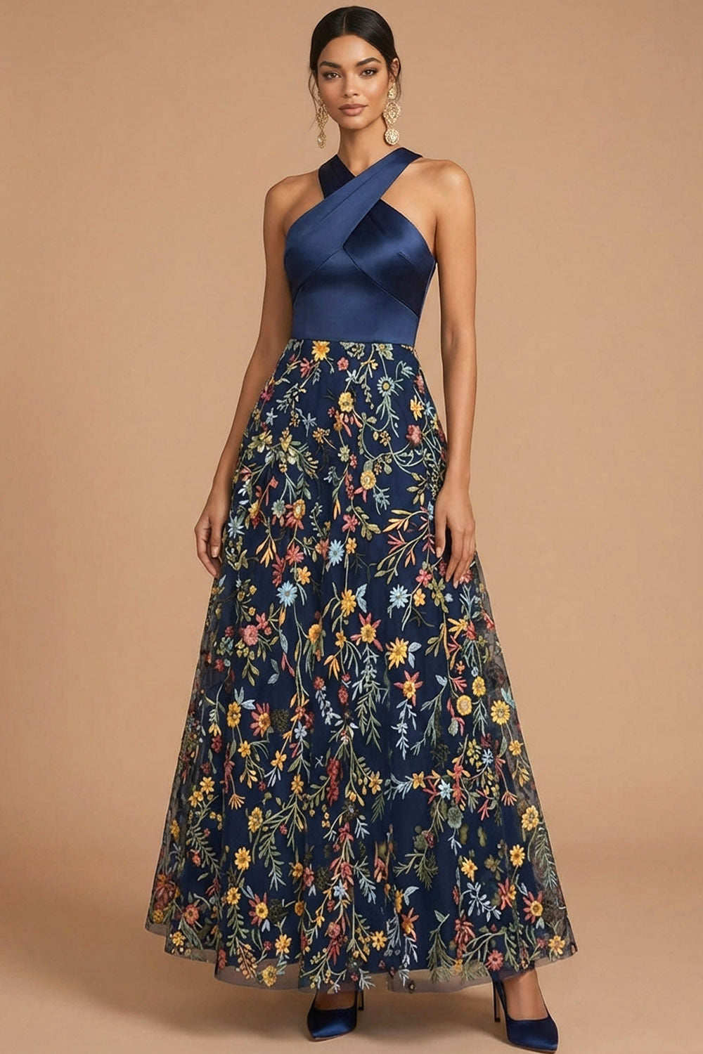Navy Floral A Line Hater Neck Embroidered Sleeveless Long Formal Dress