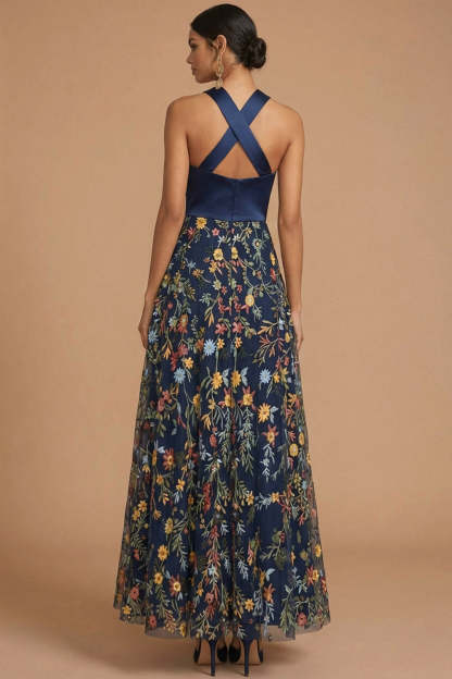 Navy Floral A Line Hater Neck Embroidered Sleeveless Long Formal Dress