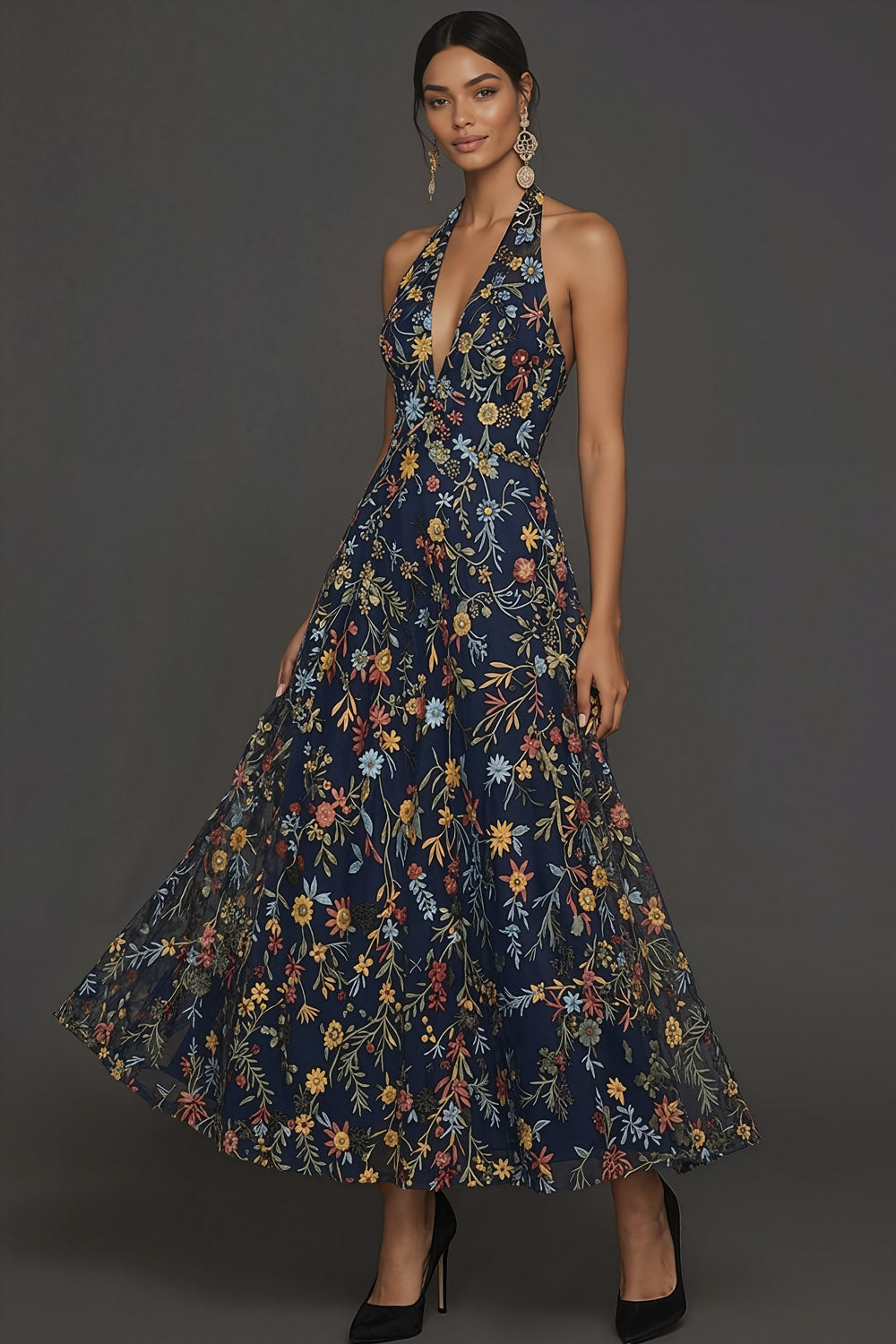 Floral Navy A Line Halter Neck Embroidered Long Formal Dress
