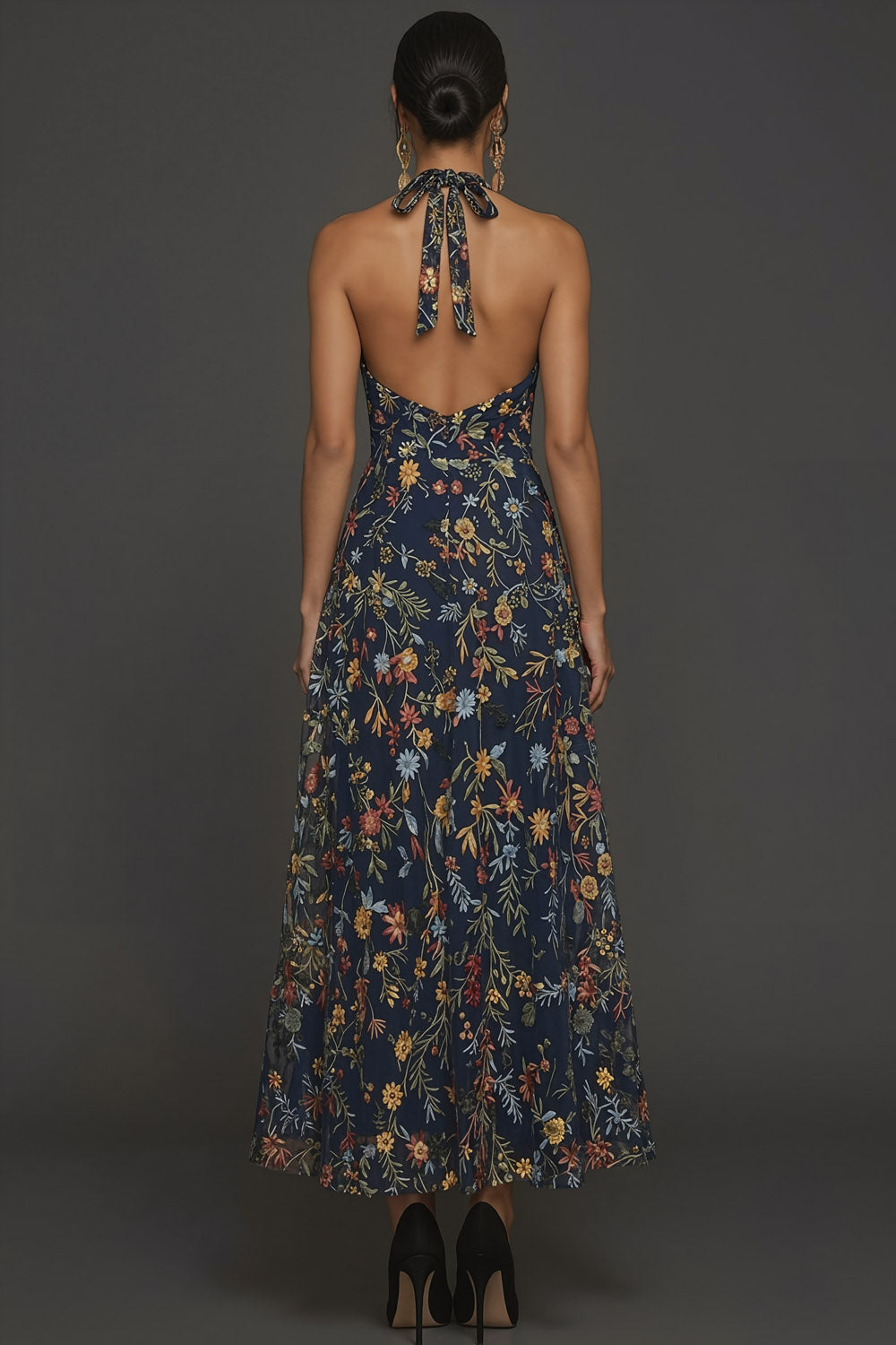 Floral Navy A Line Halter Neck Embroidered Long Formal Dress