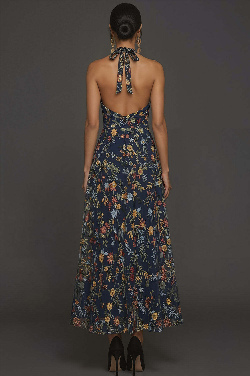 Floral Navy A Line Halter Neck Embroidered Long Formal Dress