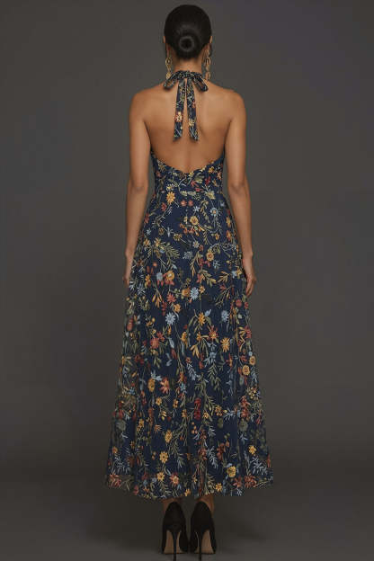 Floral Navy A Line Halter Neck Embroidered Long Formal Dress