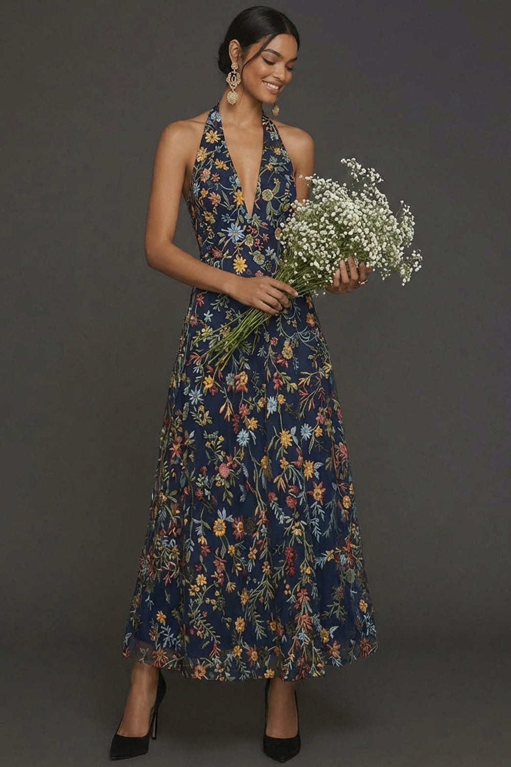 Floral Navy A Line Halter Neck Embroidered Long Formal Dress
