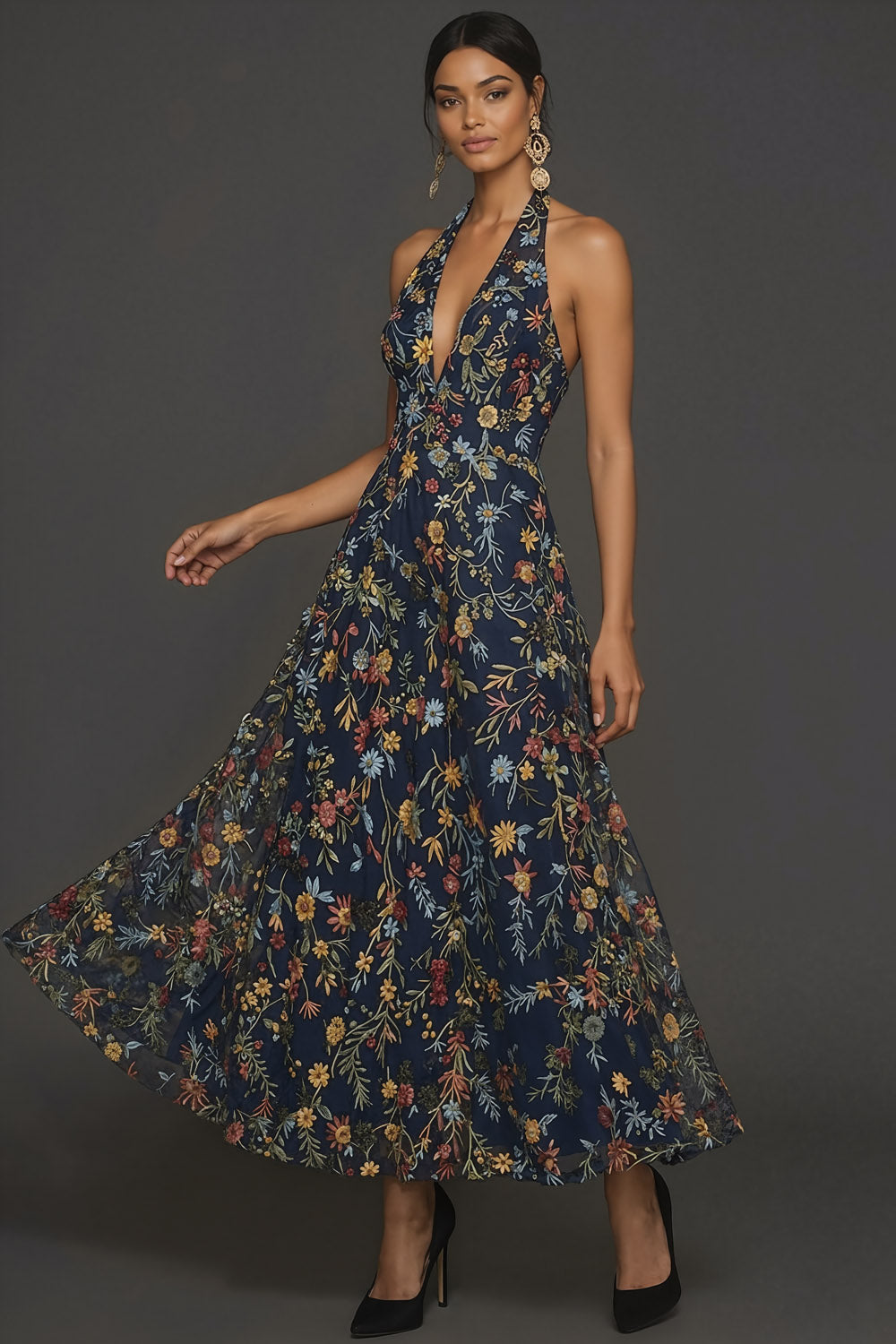 Floral Navy A Line Halter Neck Embroidered Long Formal Dress