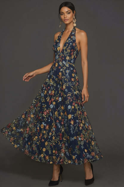 Floral Navy A Line Halter Neck Embroidered Long Formal Dress