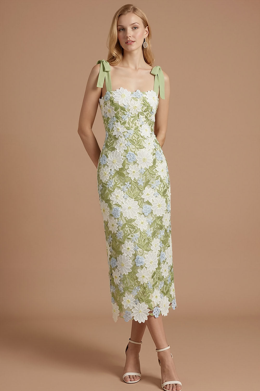 Green Floral Appliqued Thick Straps Bowed Midi Wedding Guest Dress