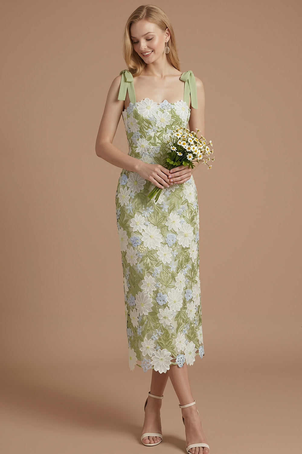 Lilac Floral Sheath Thick Straps Bowed Midi Wedding Guest Dress