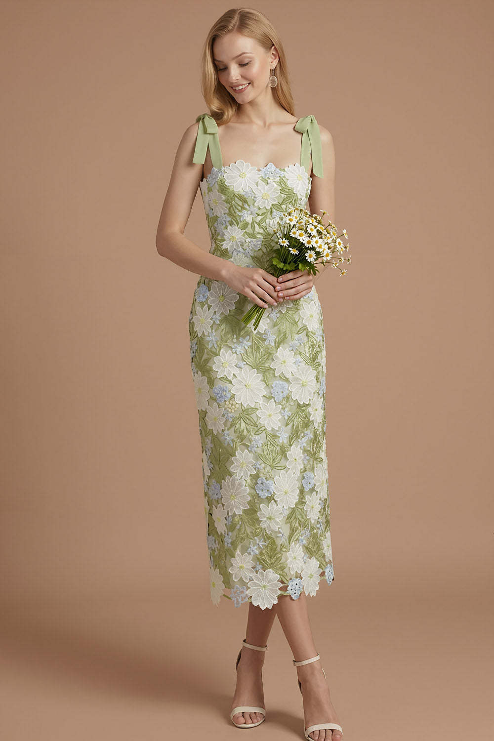 Lilac Floral Sheath Thick Straps Bowed Midi Wedding Guest Dress