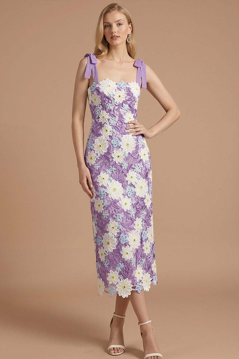 Leely Women Floral Lilac Mermaid Bowed Midi Wedding Guest Dress Appliqued Thick Straps Backless Sleeveless Prom Dress