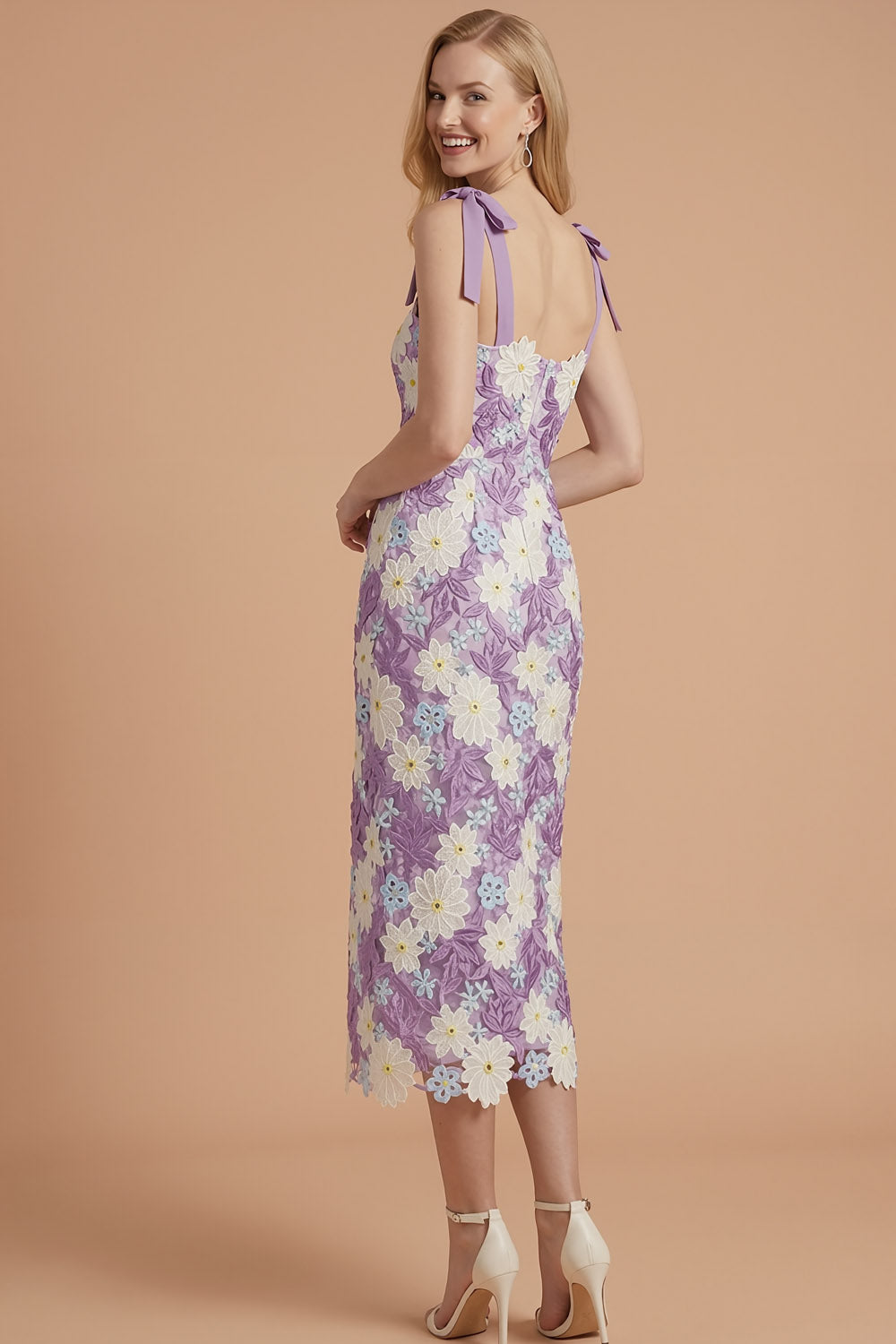 Lilac Floral Sheath Thick Straps Bowed Midi Wedding Guest Dress