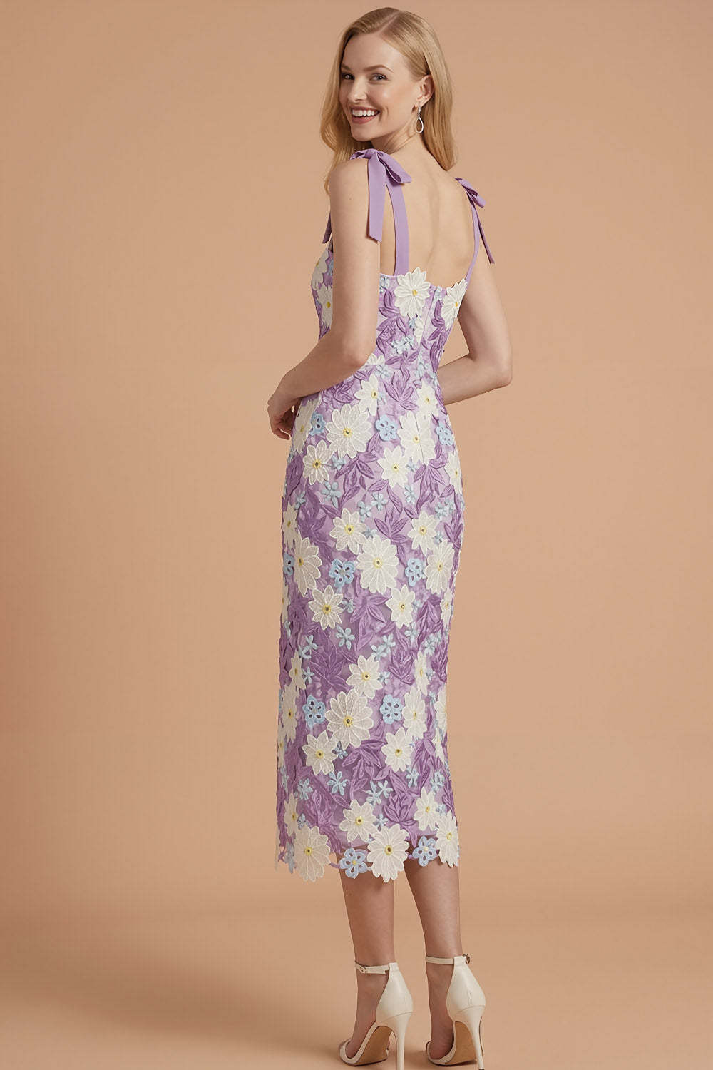 Lilac Floral Sheath Thick Straps Bowed Midi Wedding Guest Dress
