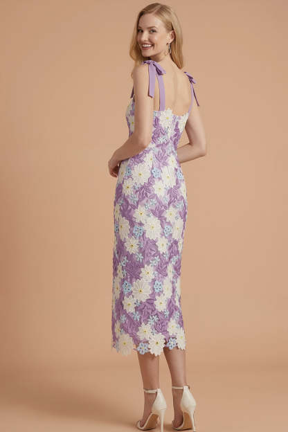 Lilac Floral Sheath Thick Straps Bowed Midi Wedding Guest Dress