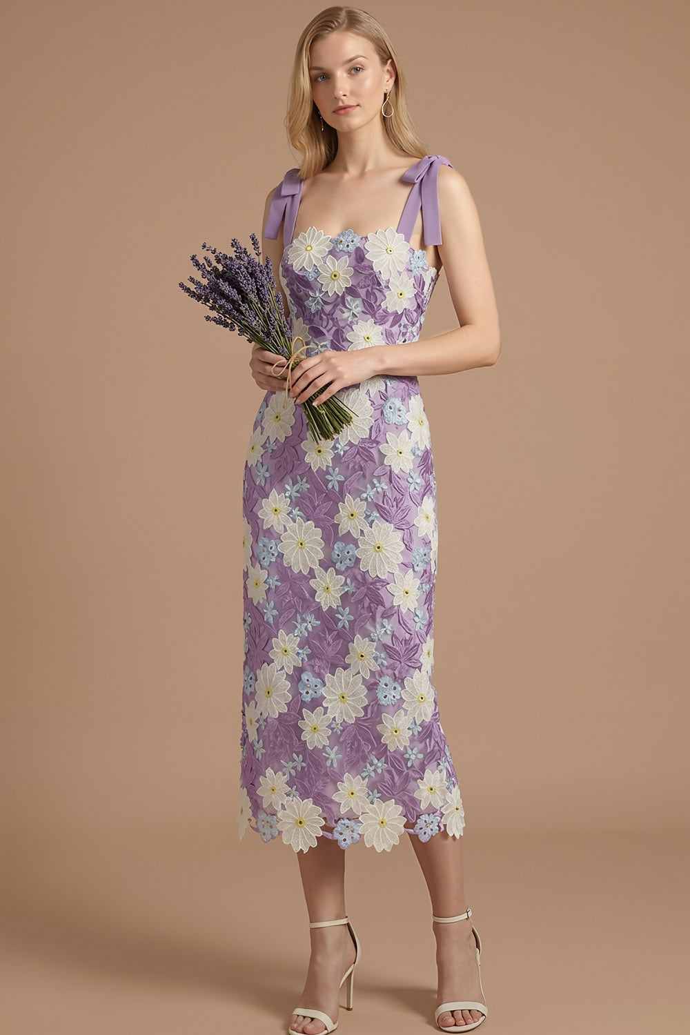 Lilac Floral Sheath Thick Straps Bowed Midi Wedding Guest Dress