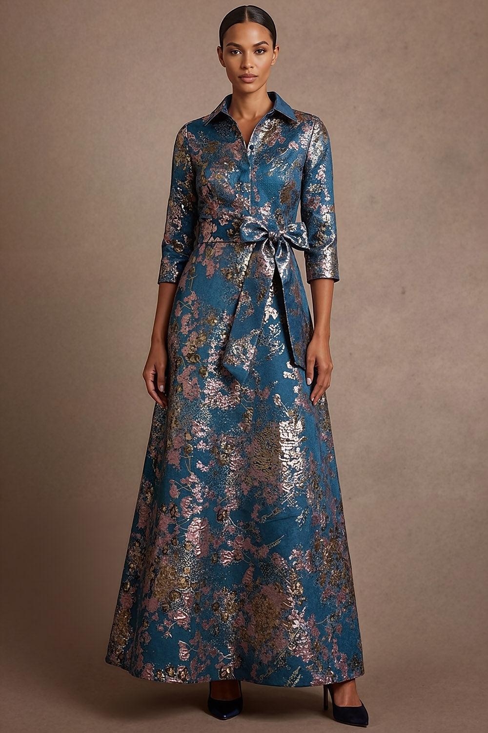 Floral Blue Jacquard A Line Long Formal Dress with Bow