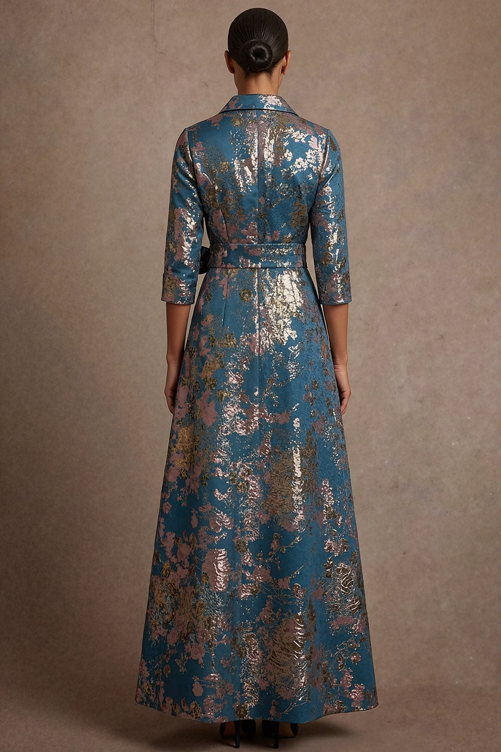 Floral Blue Jacquard A Line Long Formal Dress with Bow