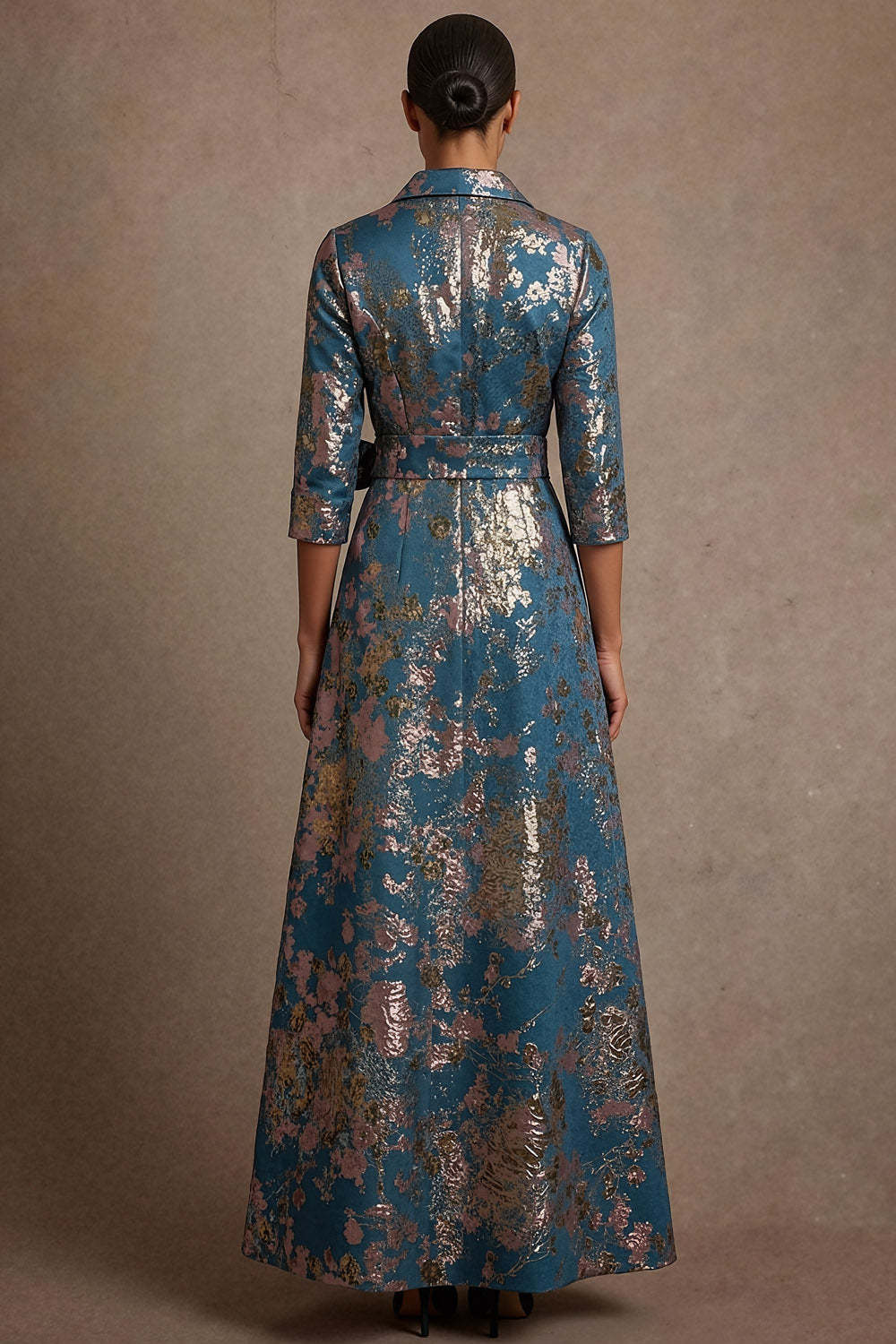 Floral Blue Jacquard A Line Long Formal Dress with Bow