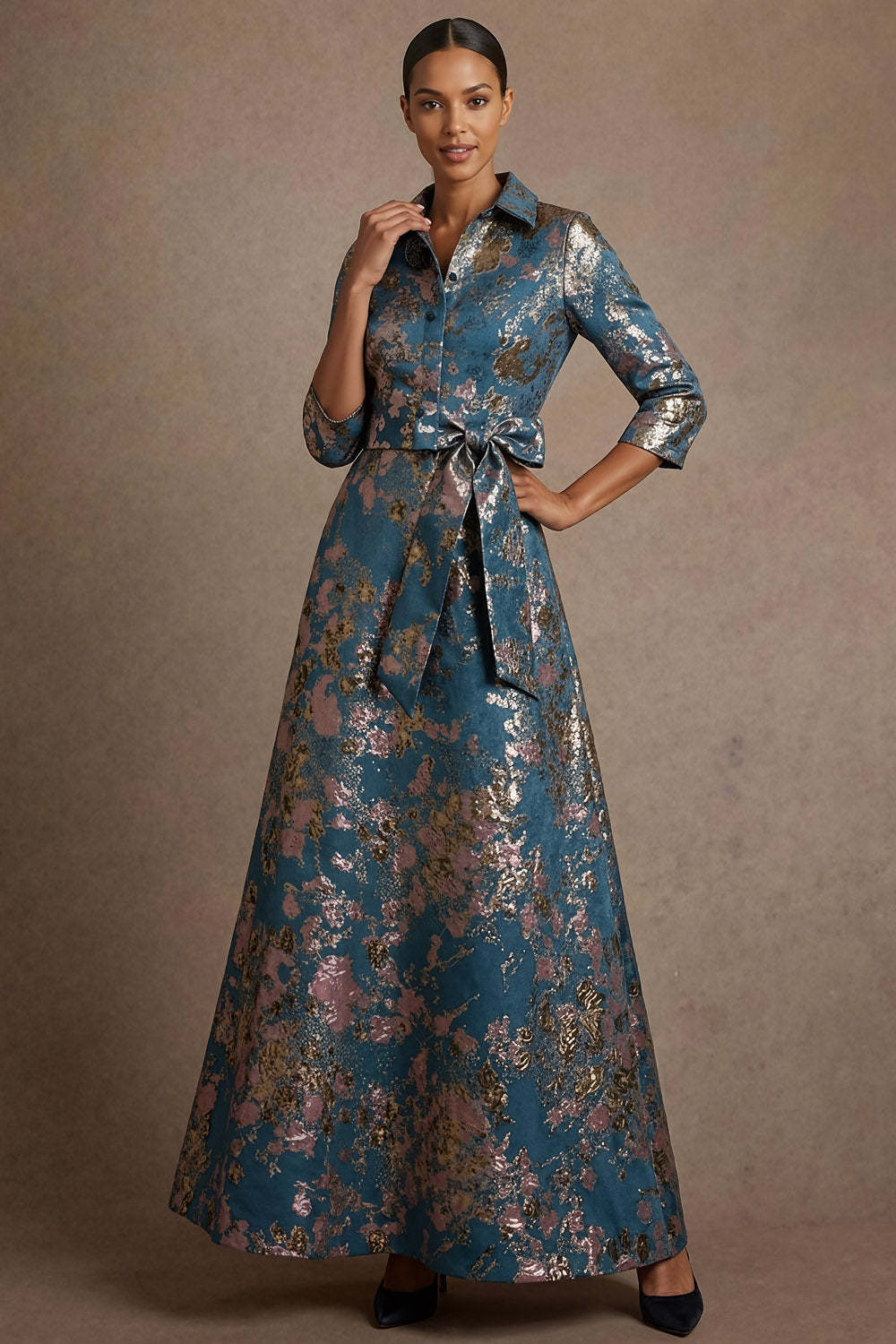 Floral Blue Jacquard A Line Long Formal Dress with Bow