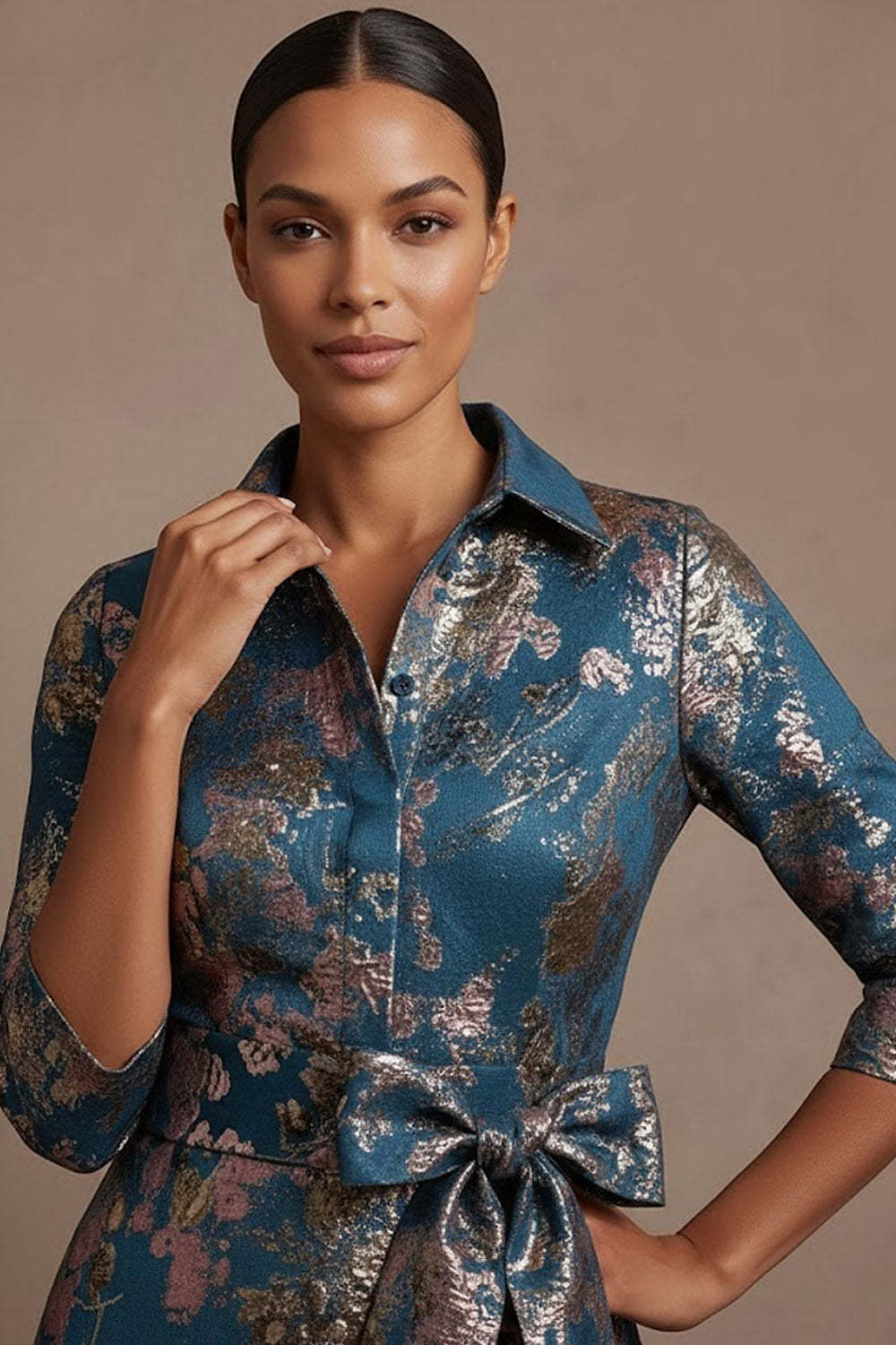 Floral Blue Jacquard A Line Long Formal Dress with Bow