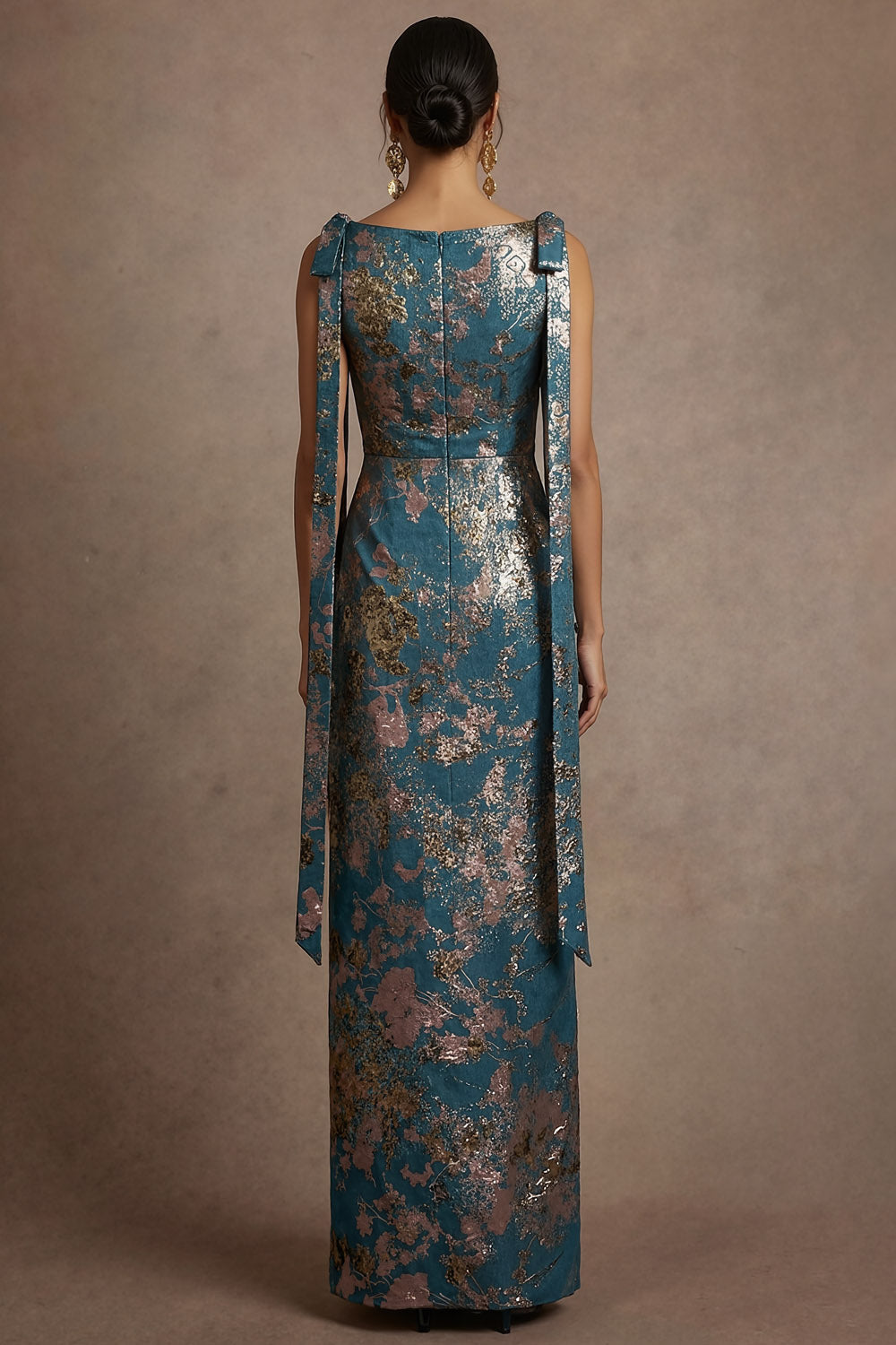 Blue Jacquard Sheath Floral Round Neck Long Formal Dress with Bow