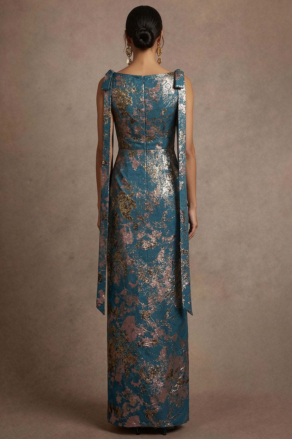 Blue Jacquard Sheath Floral Round Neck Long Formal Dress with Bow