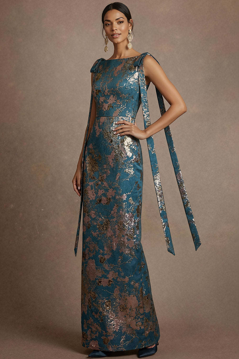 Blue Jacquard Sheath Floral Round Neck Long Formal Dress with Bow