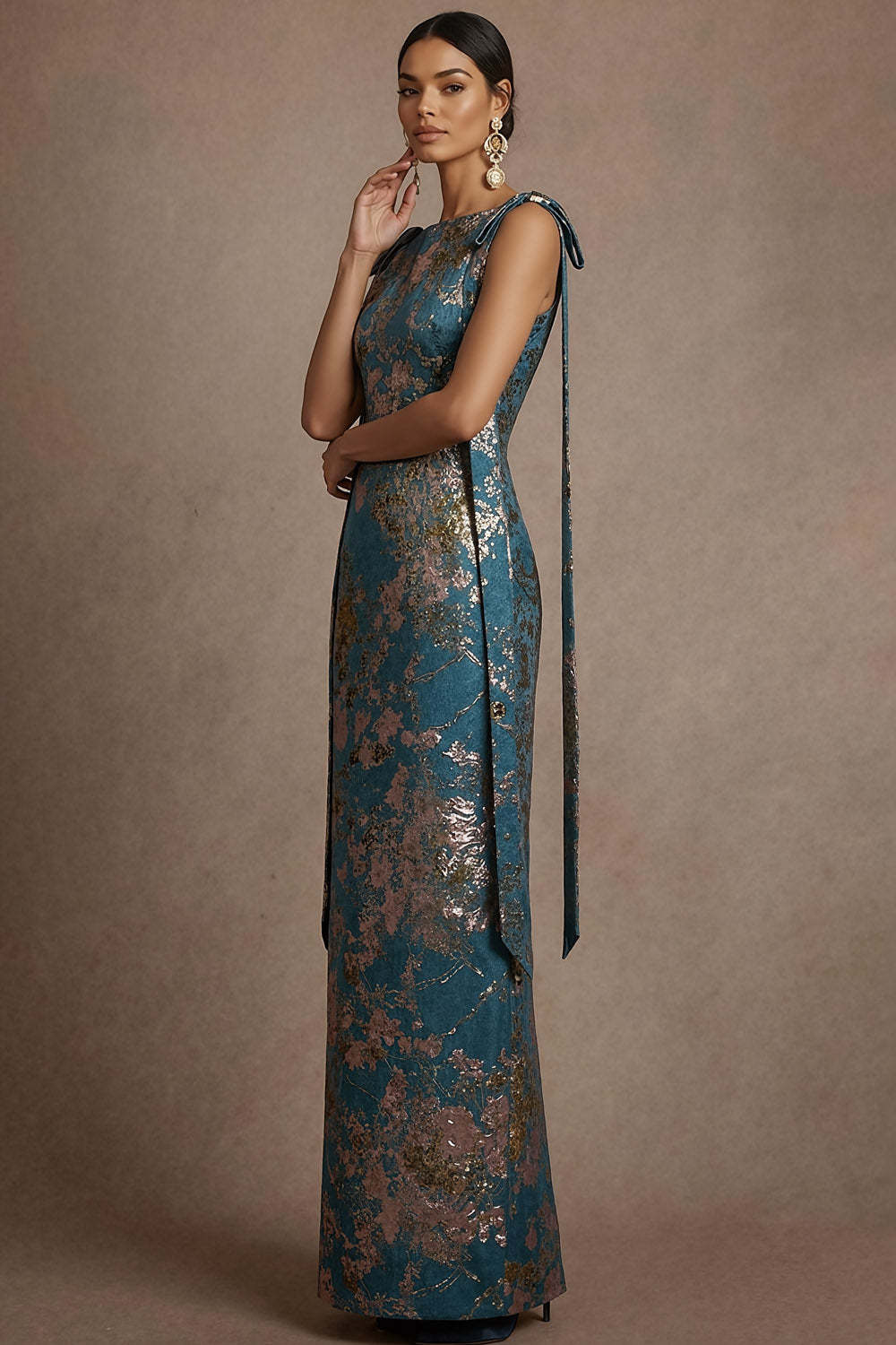 Blue Jacquard Sheath Floral Round Neck Long Formal Dress with Bow